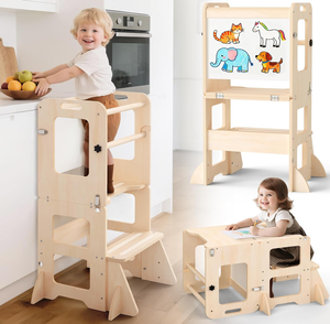 Tour d'apprentissage moderne 4-en-1 à double niveau, pliable, écologique, en bois, avec tableau blanc et tableau noir pour enfants de 1 à 3 ans - Product Image 1