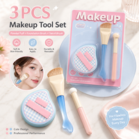 Ensemble de 3 pinceaux de maquillage portables et mignons avec pinceau fond de teint, houppette et coffret cadeau – Outils de beauté à poils synthétiques