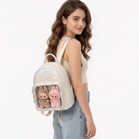 Sac à dos mignon en PU imperméable avec fenêtre transparente en PVC pour poupées, mini sac de rangement unisexe pour jouets Labubu Pop Mart, sac d'école personnalisable avec logo