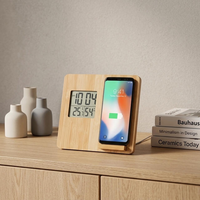 Bamboo Lcd Digital Desk Alarm Clock Wireless Charger Wooden Electronic Table Clock with Temperature Humidity