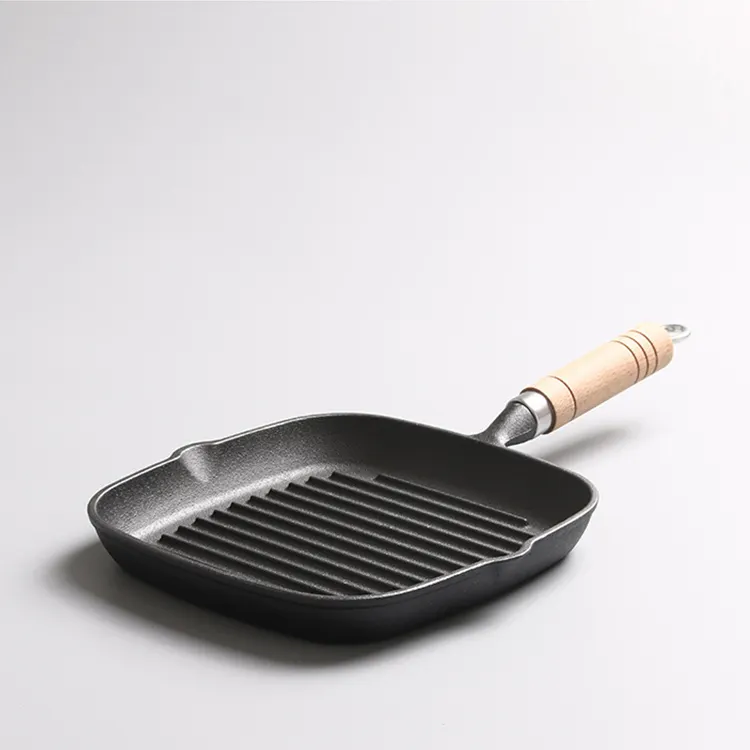 Fondo piatto 22cm forma quadrata arrosto griglia per barbecue padella in ghisa bistecca di manzo con manico in legno