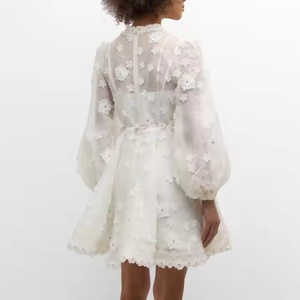 Nouvelle arrivée, robe décontractée d'automne de haute qualité, manches longues, dentelle florale, robe en mousseline de soie, robe blanche modeste - Product Image 3