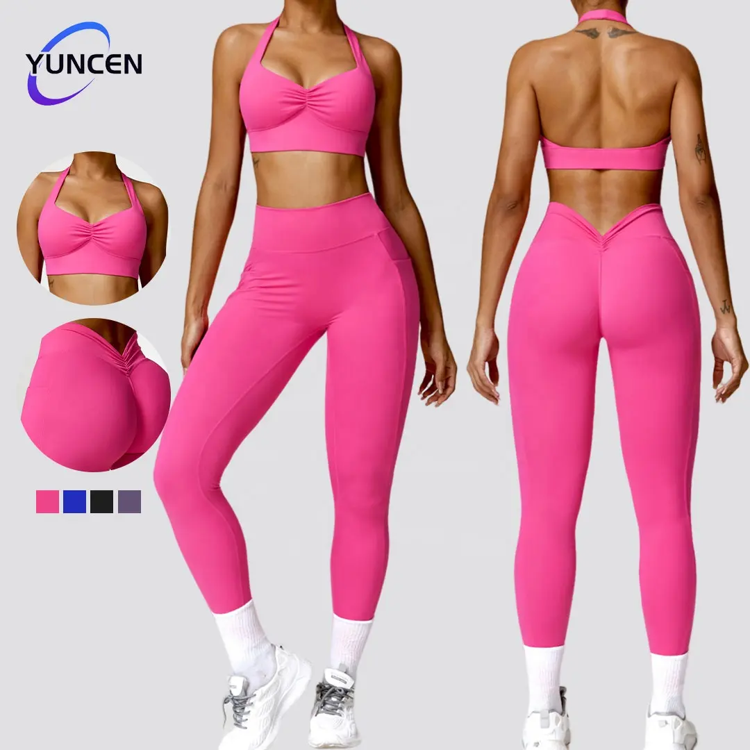 New Sport Wear Fashion Activewear Sports Bra and High Waist Leggings with Pockets Fitness Set Women Workout Yoga Suit