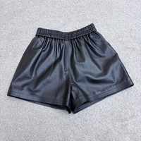 Shorts en cuir de mouton noir haut de gamme pour femme, coupe droite, respirant, imperméable, avec boutons-pression, poches latérales et taille élastique