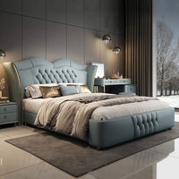 Lit Double Moderne de Luxe Léger en Chêne Écologique, Rembourré en Cuir Véritable, 1,8 m, avec Cadre en Bois Massif et Boîte de Rangement Haute sur le Côté
