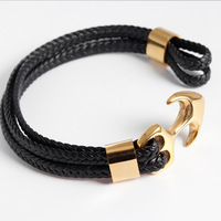 Bracelet en acier titane pour hommes européens et américains, couleur or, design ancre tressé en cuir de vachette personnalisé, véritable acier inoxydable