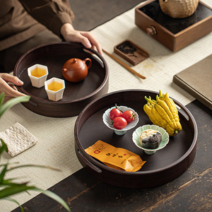 Chinese-style round bamboo <b>tea</b> <b>tray</b> with double handles, suitable for serving <b>tea</b>, Kung Fu <b>tea</b> sets, and storing <b>tea</b> snacks. - Product Image 2