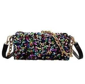 Summer Fashion Luxury Cylinder Paillette Sequins Glitter Women Chain Crossbody Bag Party Night Club Shiny Underarm Bag