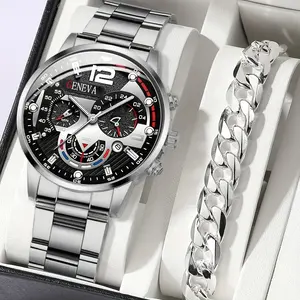 6206 Cool Chinese Style Date 2pcs Set Men's Business Watch Stainless Steel Silver Watches Men With Chain Bracelet