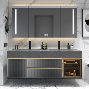 Tủ Phòng Tắm Sang Trọng Hiện Đại Bàn Trang Điểm Phòng Tắm Với Mặt Quầy Đá Thiêu Kết Và Bồn Rửa Đôi - Product Image 3