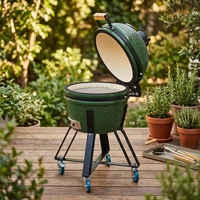 Barbecue au charbon de bois en céramique Kamado de 16 pouces avec support et étagères latérales en bois pour le camping et la terrasse