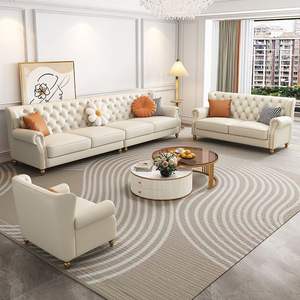 Juego de Sofás de Cuero Genuino de Estilo Americano, de Lujo Ligero, Diseño Recto, Tres Plazas, Color Crema, para Apartamentos Pequeños, Esponja Blanca - Product Image 2