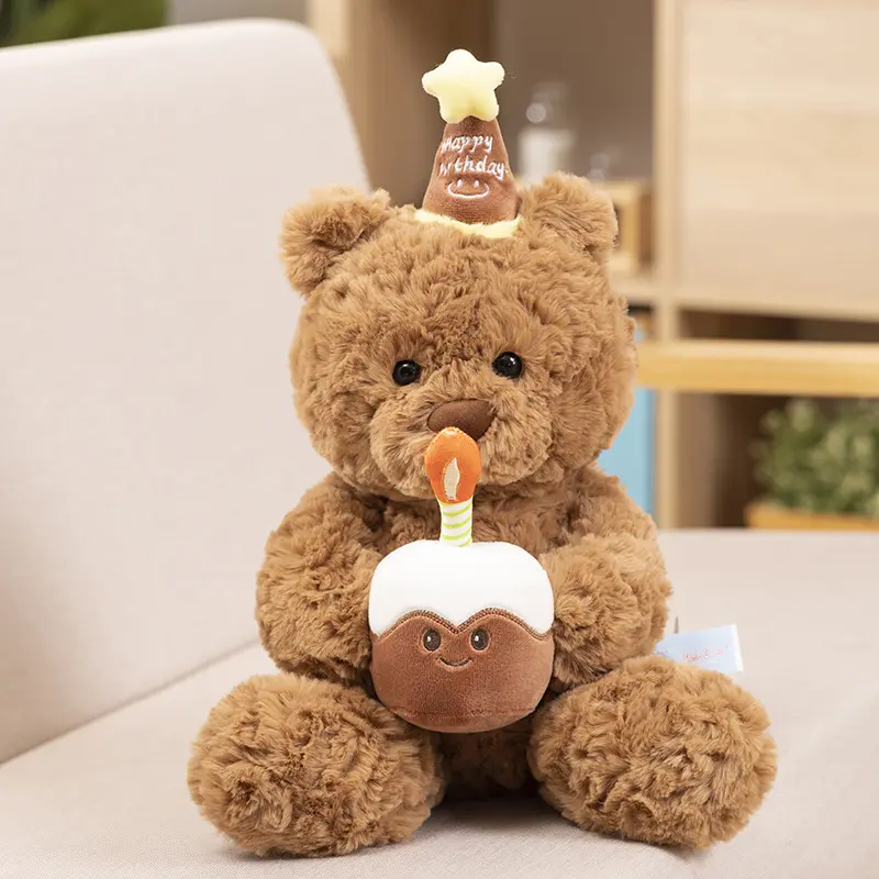 Dessin animé gâteau d'anniversaire ours en peluche figurine bougie style ours poupée animaux en peluche animés avec un chapeau d'anniversaire peluche Teddy