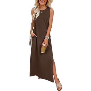 Anrabess Robe longue d'été sans manches pour femme, col rond, ample, tricotée, respirante, avec poches, fente, pour les loisirs, la plage, les vacances, les voyages - Product Image 1