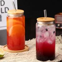 Vasos de Vidrio de Borosilicato con Tapas de Bambú y Pajitas, 16 oz, Resistentes al Calor, Libres de BPA, Aptos para Microondas, Estilo Americano, para Café, Bar, Bebidas Frías