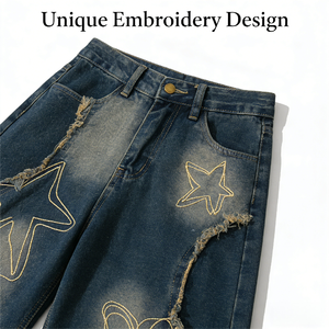 Jean ample en denim délavé foncé pour homme, imprimé étoiles, lune et soleil, style streetwear respirant et lavable - Product Image 5