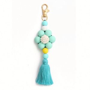 Hot Selling Woven Silicone Carabiner Tassel Keychain with Flower Beads for Women Dog & Panda Pattern Bag Charm Pendant - Product Image 5
