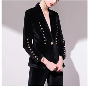 Custom golden buttons long sleeve deep v-neck pleuche black women suits