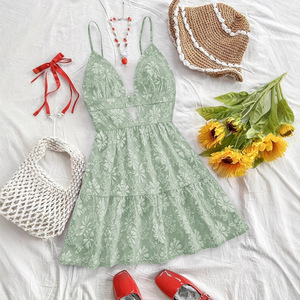 เดรสแฟชั่นผู้หญิงทรงเอไลน์สั้น คอวีเซ็กซี่ แขนกุด ผ้าแจ็คการ์ด ดีไซน์เก๋ - Product Image 5