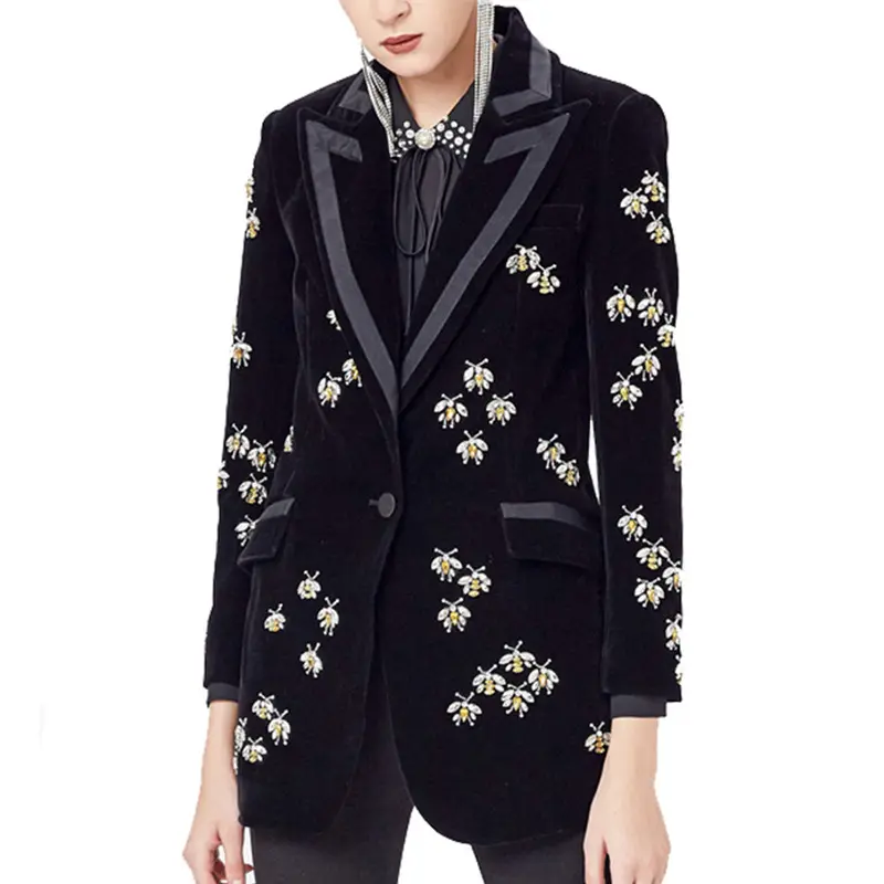 Luxury Design European Handmade Bees Beading Single Button Elegant Black Velvet Long Blazer Jacket for Women