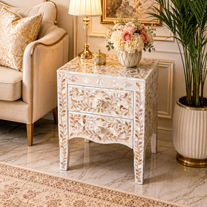 Arabic Style Classic Wooden Nightstand With Mother Of Pearl Inlay Carved Floral Design <b>Double</b> Wardrobe For Arabian Home - Product Image 1