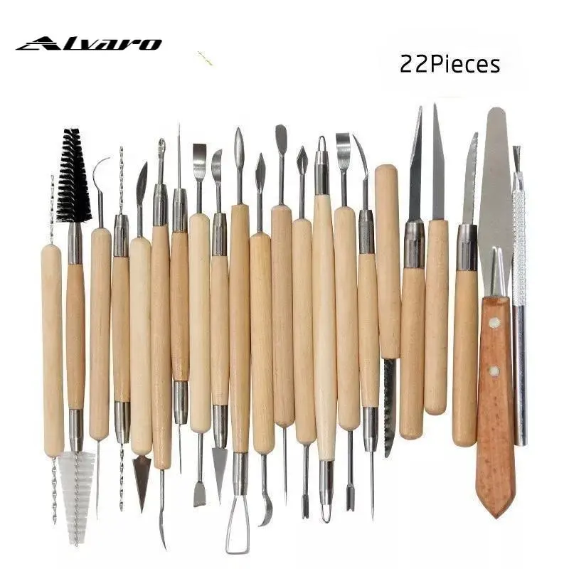 Fournitures d'artisanat d'art outils de poterie en argile céramique cire Sculpture utiliser 22 pièces manche en bois têtes en métal ensemble d'outils de fabrication d'argile