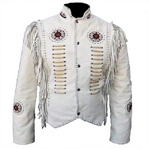Veste en cuir à franges pour homme, ornée de perles d'aigle, fermeture éclair, col rabattu, style western vintage - Product Image 1