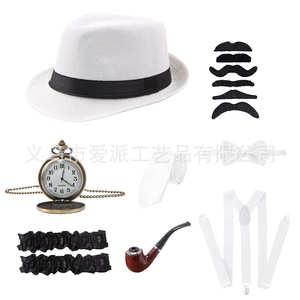 Kit de Disfraz Masculino Años 20: Sombrero, Pipa, Reloj, Corbatín, Tirantes, Bigote y Accesorios para Fiesta - Product Image 1