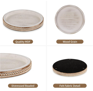 Plateau décoratif rond en bois blanc à perles lavées de style campagnard Plateau à café décoratif pour table - Product Image 4