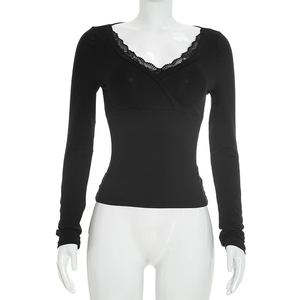 Viviblook J26TP282 Camiseta de Otoño para Mujer, Nueva con Encaje y Parches, Cuello en V, Corte Ajustado, Manga Larga, Estilo Casual, Top Corto para Damas - Product Image 1