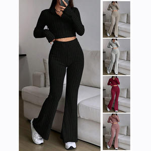 IStapromo Gifts Fashion Solid Color Rib Two-Piece Zipper Long Sleeve Short Top High Waist Flared <b>Pants</b> <b>Suit</b> <b>Women</b> Casual - Product Image 2