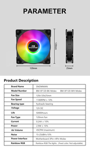 SNOWMAN XF120mm 4pin Molex RGB LED <span class=keywords><strong>Gaming</strong></span> Chasis Fan 12V PC Ball Bearing <span class=keywords><strong>CPU</strong></span> Case Cooler con 12cm Air Plastic Heatsink - Product Image 6