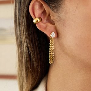 <b>Chain</b> Tassel Drop Earrings Gold Plated Zircon Bezel Setting Everyday Wear Stainless Steel Jewelry - Product Image 2