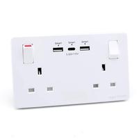 Prise murale double standard britannique avec interrupteur d'éclairage, 2 ports USB Type-C à charge rapide, panneau tactile PC, double interrupteur IP20