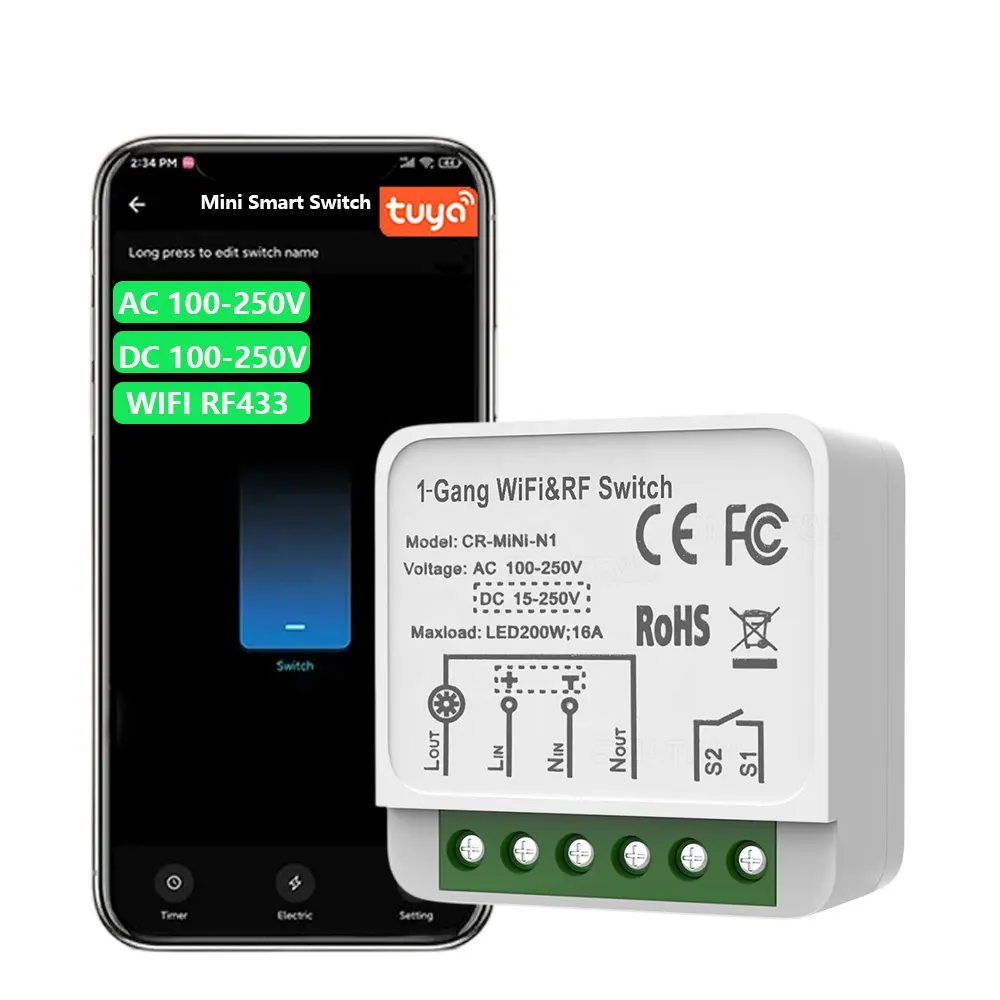 16A DC/AC mini interruptor de luz elétrica inteligente módulo WIFI RF433 Tuya controle remoto sem fio 2 interruptores de alimentação controlador maneira