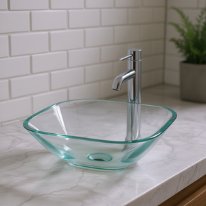 Lavabo in Vetro Trasparente Quadrato 420mm, Design Minimalista da Parete per Bagno - Product Image 2