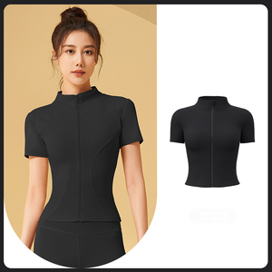 Respirant sans couture sport serré casual Fitness fermeture éclair col montant vêtements à manches courtes luxe Yoga hauts pour femmes - Product Image 3