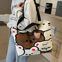 Bolso de lona de algodón personalizable de gran capacidad, bonito logotipo con patrón de dibujos animados, cierre abierto portátil sencillo con cremallera para uso diario