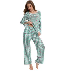 Conjunto de Pijama Floral a Cuadros Verde para Mujer, de Bambú Modal, Manga Larga, con Ribete de Encaje, Ropa de Dormir Suave y Elástica con Bolsillos - Product Image 2