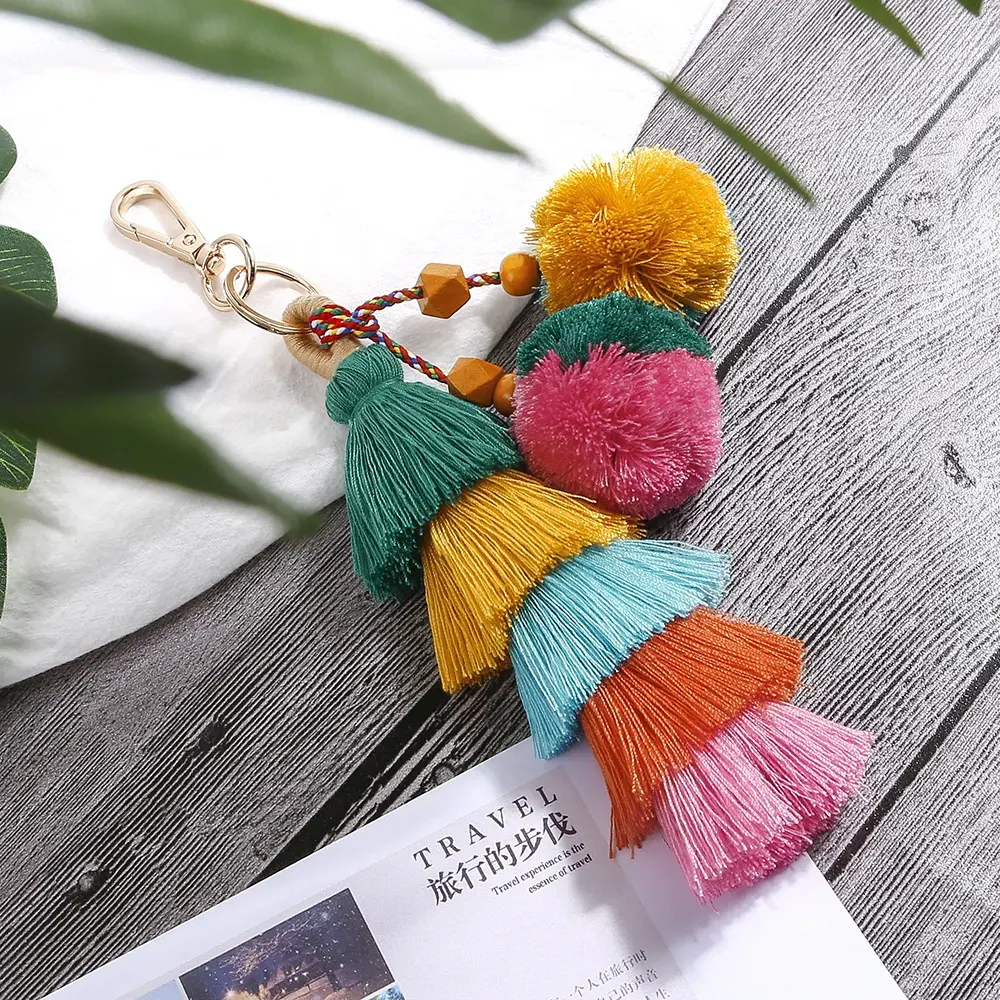 Ins Hot Sale Fashion Keychain Accessories for Women Tassel Pom Pom Key Chain Colorful Boho Charm Key Ring