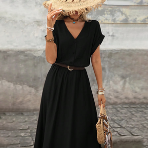 Abito lungo estivo da donna marrone con scollo a V e vita naturale, in tessuto ecologico traspirante, casual per vacanze, pendolarismo e appuntamenti - Product Image 3