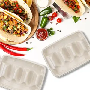 Özel tek kullanımlık biyobozunur taco tutucu gıda paket kutuları gitmek için taco plaka kapaklı bagasse taco gıda konteyner