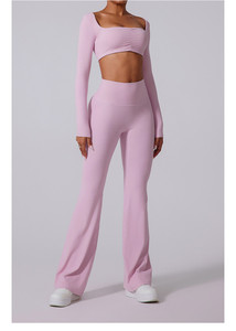 CY002 Pantalones Acampanados de Cintura Alta para <span class=keywords><strong>Mujer</strong></span>, Top Deportivo de Cuello Cuadrado, Conjunto de Yoga Sexy de Manga Larga - Product Image 2