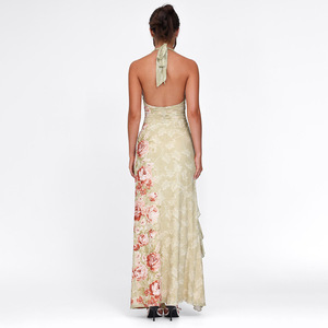 Robe longue imprimée à col halter pour femme, dos nu, fente haute, robe de soirée asymétrique - Product Image 4