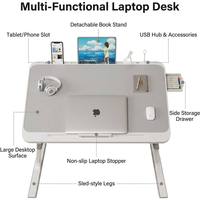 Bureau d'ordinateur portable pliable en bois pour lit, hauteur et inclinaison réglables, hub USB, tiroir de rangement, support portable pour ordinateur portable, idéal pour dortoir et canapé