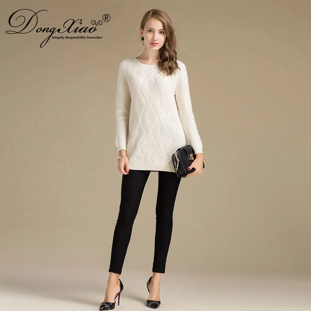Ladies Long Sweaters Design White Crew Neck Wool Knit Sweater Design for Girl