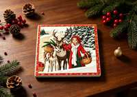 Sous-plat en céramique rétro personnalisé pour Noël, motif rennes et filles de la forêt hivernale, résistant à la chaleur pour cuisine