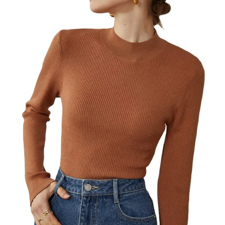 Autumn Women's Plain Pullover Knitwear Crew Neck Roll Collar Thin Solid Color Long Sleeve Casual Basic Sweater