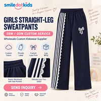 Smiledotkids Pantalons de jogging personnalisés pour enfants, bleu marine, avec dentelle et broderie nœud, OEM ODM, pour petites filles, vente en gros