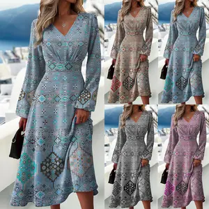 Wholesale Boho Clothing Fashion Women Western Print Summer Vacation Sundress Bohemian Boho Long Sleeve Maxi Dress 2024